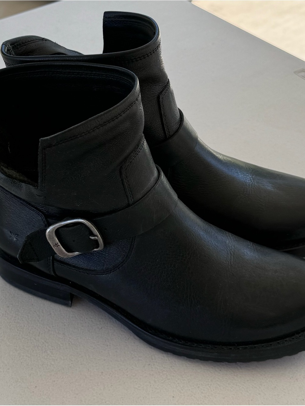 Frye Black Leather Harness Ankle Boots